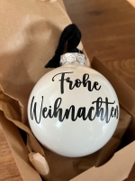 Weihnachtskugel Frohe Weihnachten  8cm weiss glanz